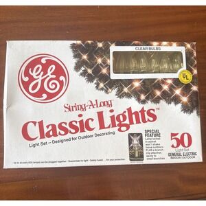 NOS Vintage 90's GE String-A-Long 50 Clear Christmas Lights Indoor‎ Outdoor F/W